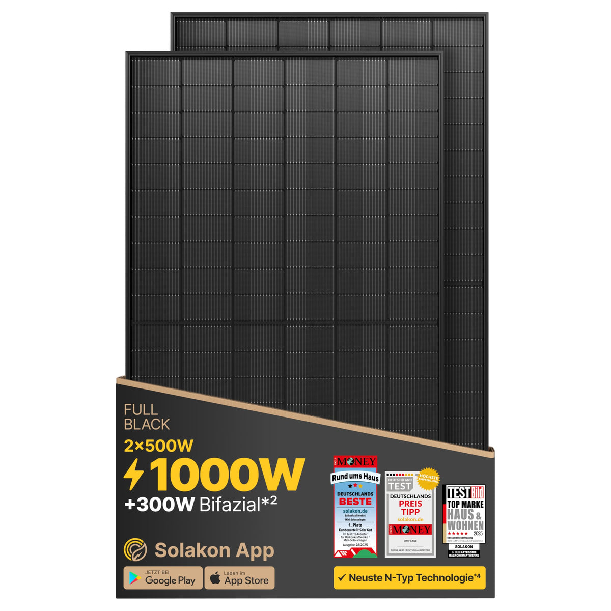 Solakon 500W Bifaziales Glas-Glas Solarmodul | N-Type Full Black | 4er Set (2000W Gesamt)