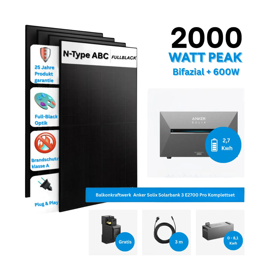 ALLDREI Balkonkraftwerk | Anker Solix Solarbank 3 E2700 Pro & 3x BP2700 | 8x 500W Bifazial